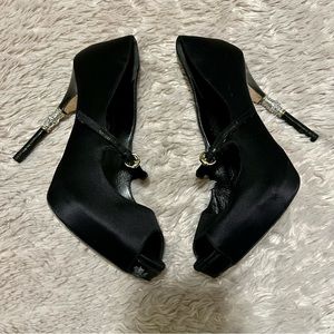 GUCCI Black Satin Crystal Bamboo Peeptoe heel Size 36.